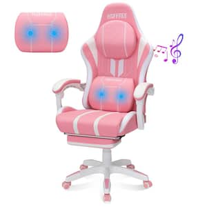 Faux Leather Massage Ergonomic Gaming Chair Big and Tall Game Chair in Pink with Bluetooth Speakers Footrest