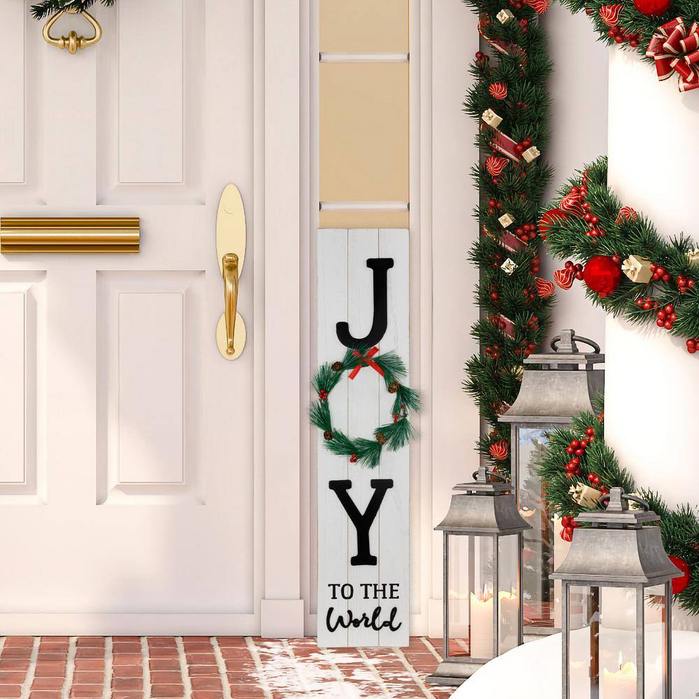 Joy to the World White-Washed Wooden Christmas Porch Sign with Wreath
