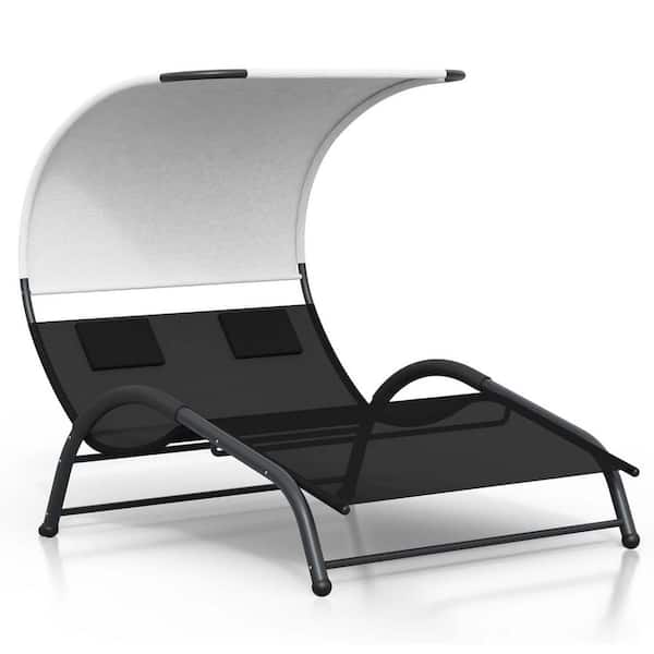 homfan Patio Chaise Lounge, Zero Gravity Chair, Metal Frame, Outdoor Double Chaise Lounge Bed with Canopy, Removable Pillows