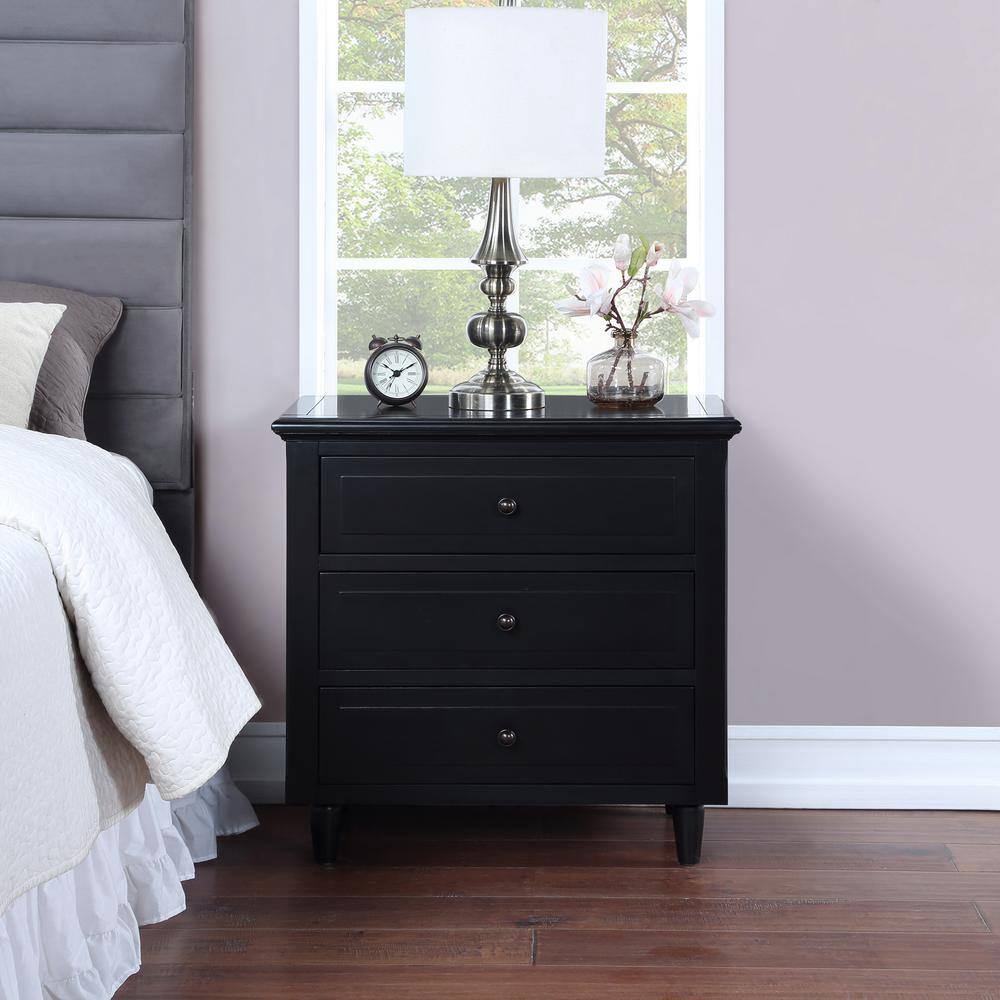 Modern Black 3-Drawer Solid Wood Nightstand with Nickel Knobs