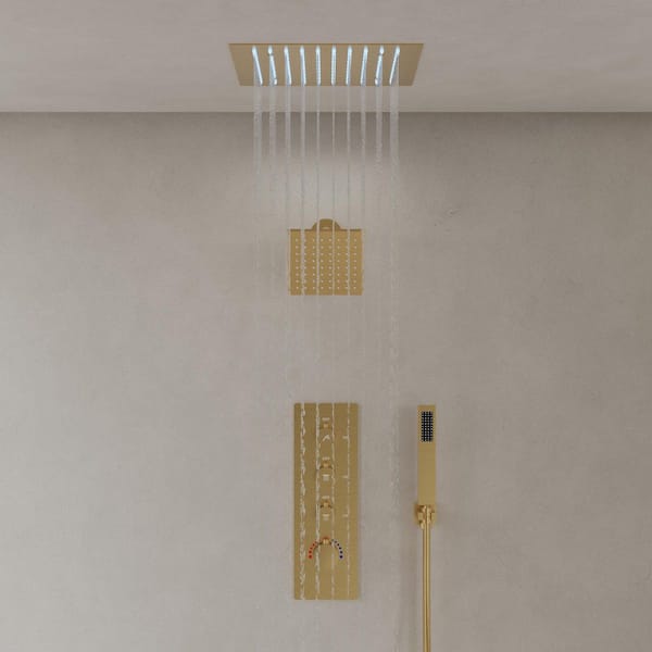 12 in. Mood Light Quadruple Handles 3-Spray Shower Faucet 2.5 GPM with LED, Anti Scald in Brushed Gold