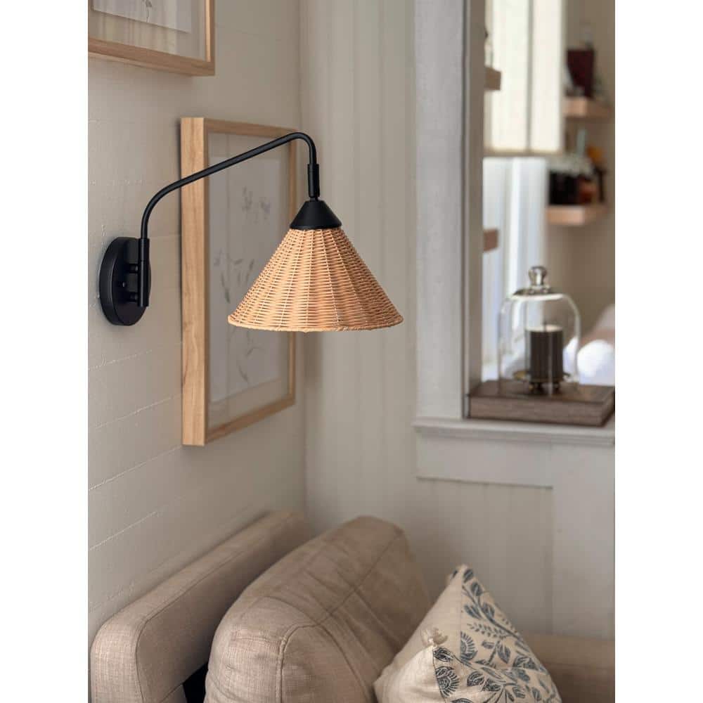 Black Iron Swing Arm Sconce with Natural Woven Shade