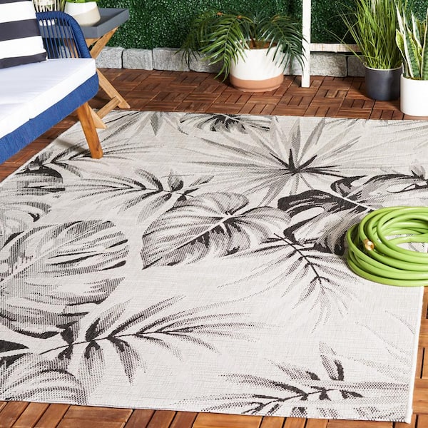 Courtyard Ivory/Black 7 ft. x 7 ft. Oversized Floral Indoor/Outdoor Square Area Rug