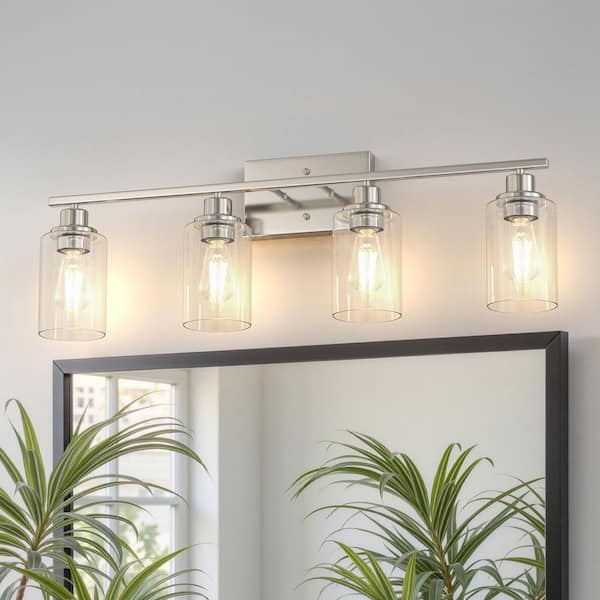 32 in. 4 Light Brushed Nickel Vanity Light with Clear Glass Cylinder Shades for Bathroom or Dressing Area