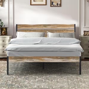 Queen Bed Frame, Slate Color Metal Frame Queen Platform Bed with Modern Wood Headboard, Easy Assembly, 62.1 in. W