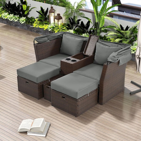 Unbranded 2-Seater Wicker Outdoor Patio Day Bed Loveseat Sofa Set with Foldable Awning and Gray Cushions