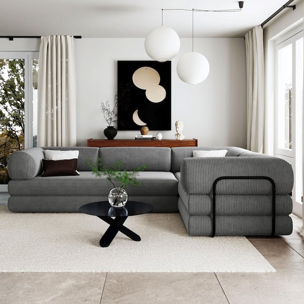 115 in. Round Arm Polyester Sectional Sofa in Gray