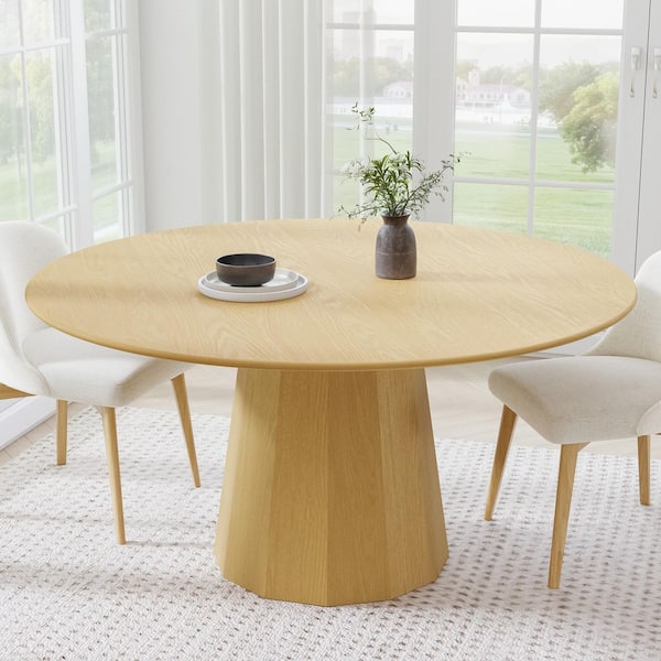 Cone Natural Colored Wood 60 in. Column Base Round Edge Dining Table for 8