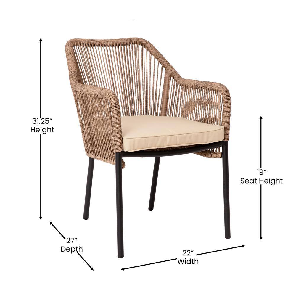 Natural Woven Metal Outdoor Dining Chairs with Cushions