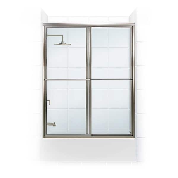Newport 56 in. to 57.625 in. x 56 in. Framed Sliding Bathtub Door with Towel Bar in Brushed Nickel with Clear Glass