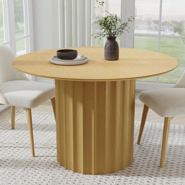 Lirago Cylindrical Natural Colored Wood 46" Column Base Recessed Roumded Under Beveled Cut Edge Dining Table for 4