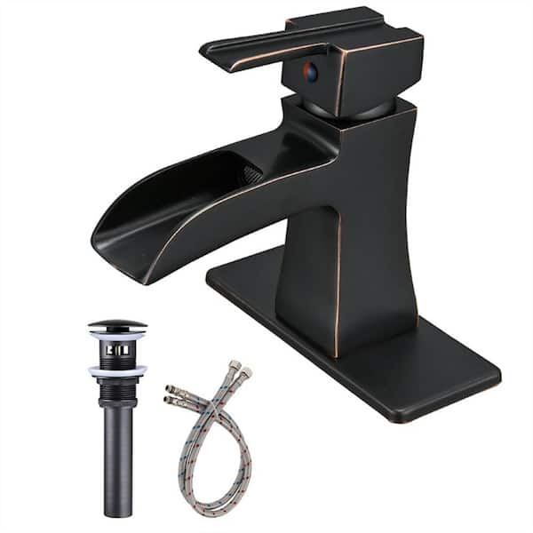 FLG Single-Handle Single-Hole Waterfall Bathroom Sink Faucet with Pop-Up Drain Assembly and Deckplate in Oil Rubbed Bronze