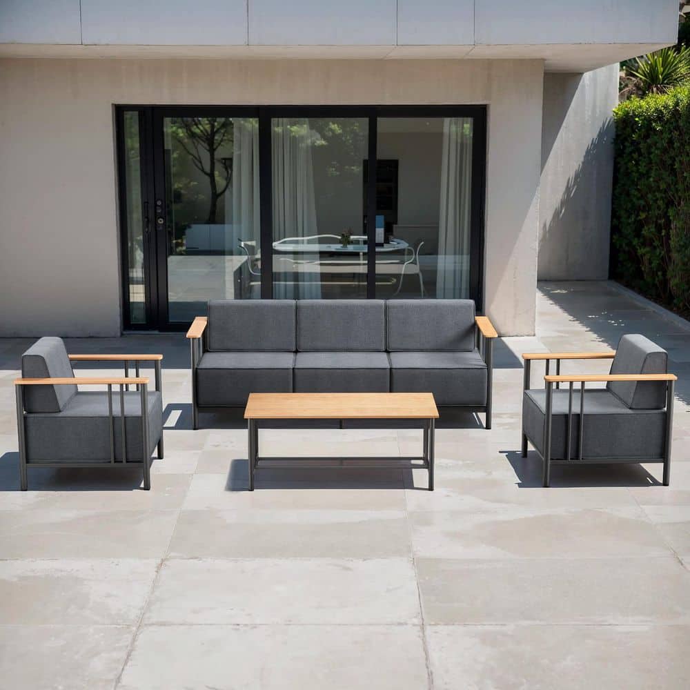 Puffin 4-Piece Black Metal Patio Conversation Set with Sofa, Armchairs and 10 in. Thick Dark Gray Olefin Cushions