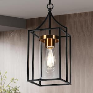 Modern Black Pendant Light Industrial 1-Light Cage Pendant Light with Cylinder Clear Glass Shade and Brass Accents