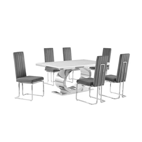 Best Quality Furniture Ibraim 7-Piece Rectangle White Marble Top With Stainless Steel Base Dining Set With 6 Dark Grey Velvet Chrome Iron Chair