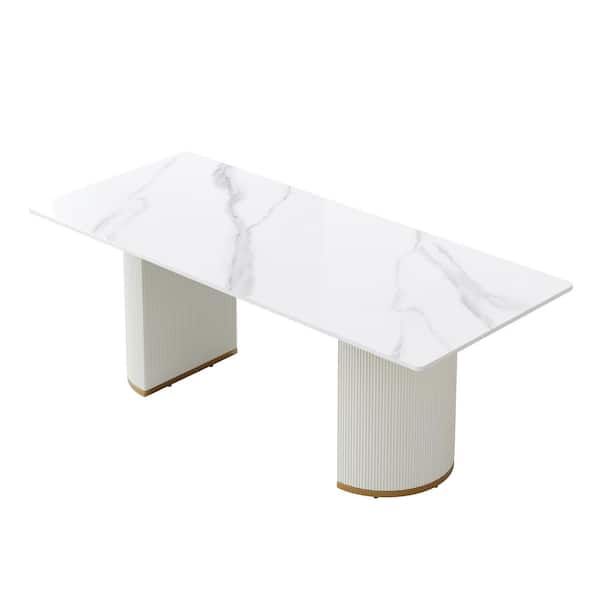 J&E Home Modern White Sintered Stone Top 78.7 in. Pedestal Dining Table Seats 10