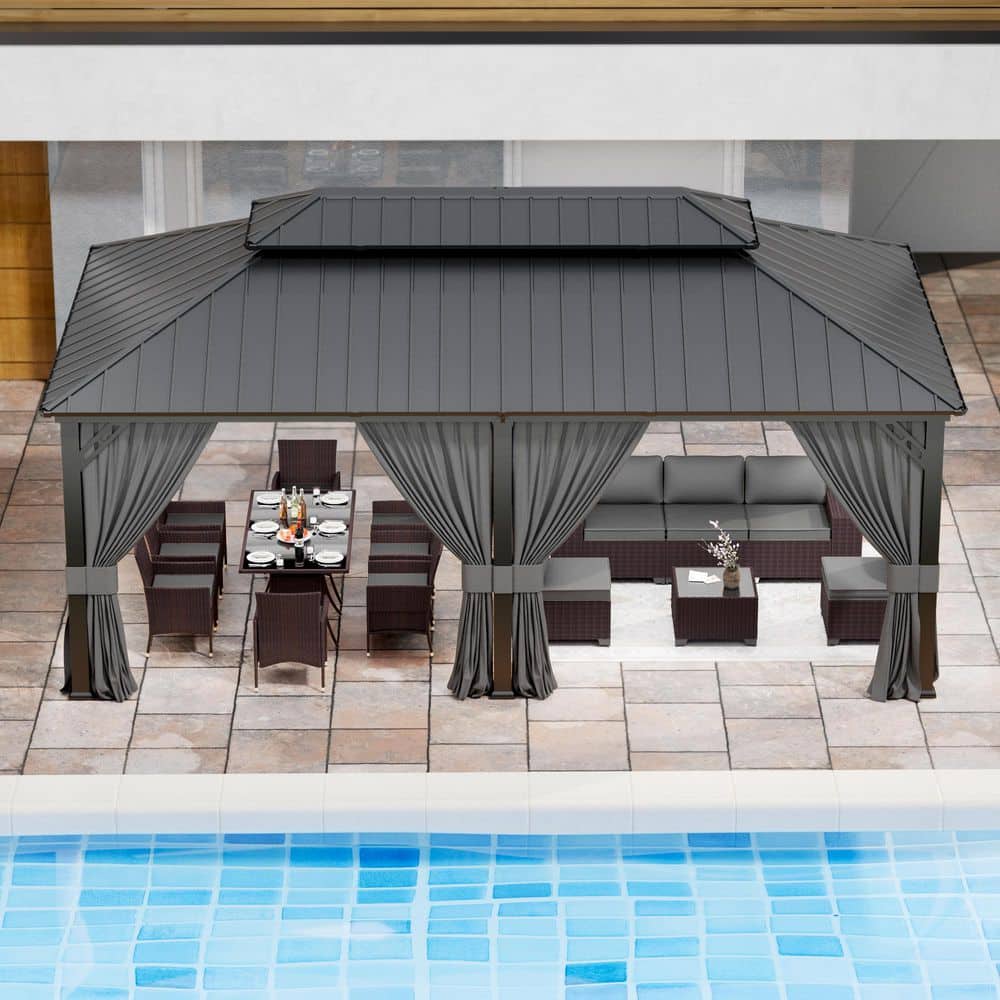 Halmuz 12 ft. x 20 ft. Gray Metal Hardtop Gazebo with Double Roof