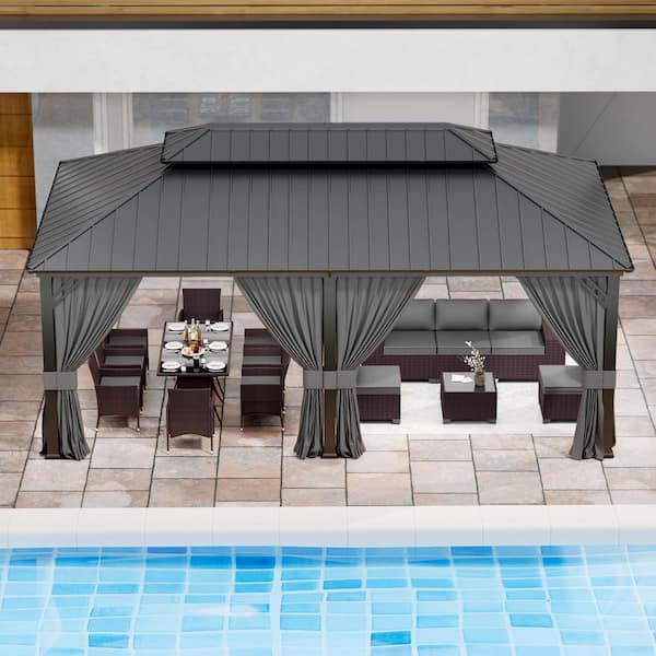 12 ft. x 20 ft. Gray Metal Hardtop Gazebo with Double Roof Pergola, Netting and Curtain Gray
