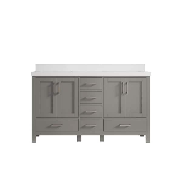 Willow Collections Malibu 60 in. W x 22 in. D x 36 in. H Double Sink Bath Vanity in Gray with 2 in. White Quartz Top