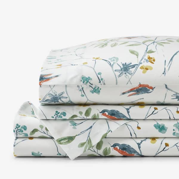 The Company Store Company Cotton Bird In Spring White Multi Sateen Twin Sheet Set