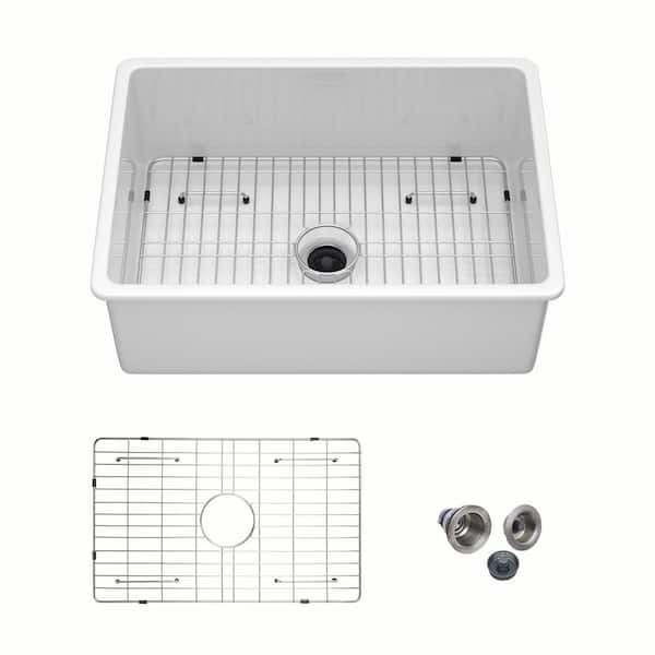 27 in. W x 19 in. D Drop-In/Undermount Dual Mount Single Bowl White Fireclay Ceramic Kitchen Sink with Bottom Grid