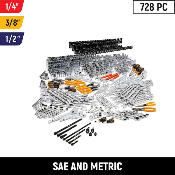 1/4 in., 3/8 in., and 1/2 in. Drive Master Mechanics Tools Set with Impact Sockets (728-Piece)