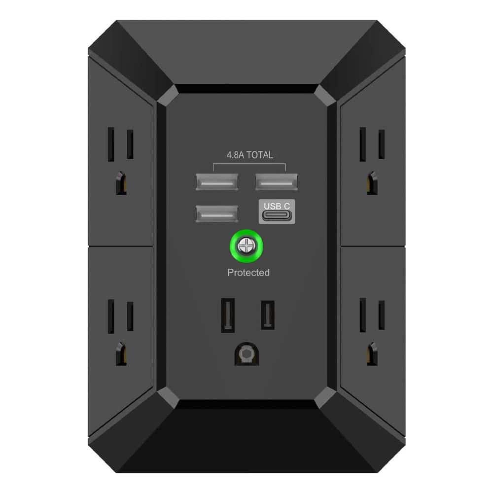 5-Outlet Wall Charger with 4 USB-A Ports 1 USB-C Port Surge Protector 3-Sided 1680J Multi Plug Adapter Black price history on PriceWatchPro
