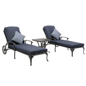 Antique Bronze 3-Piece Aluminum Adjustable Reclining Outdoor Chaise Lounge with Blue Cushions 2 Pillows and Table