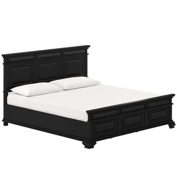 Abner Black Solid Wood Frame King size Platform Bed with Slat, Tall Headboard, and Footboard