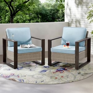 2-Piece Patio Wicker Outdoor Lounge Chair with Metal Frame and Baby Blue Cushions