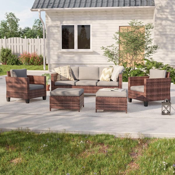 SANLUCE 5-Set Outdoor Brown PE Wicker Conversation Couch Set Extra Ottomans Design for Lawn, Patio and Porch, Gray