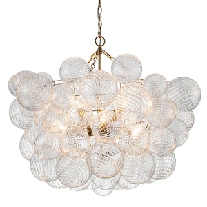 Neuvy 33 in. W 8-Light Brass Cluster Chandelier with Swirled Glass Crystal Shades for Staircase and Living Room