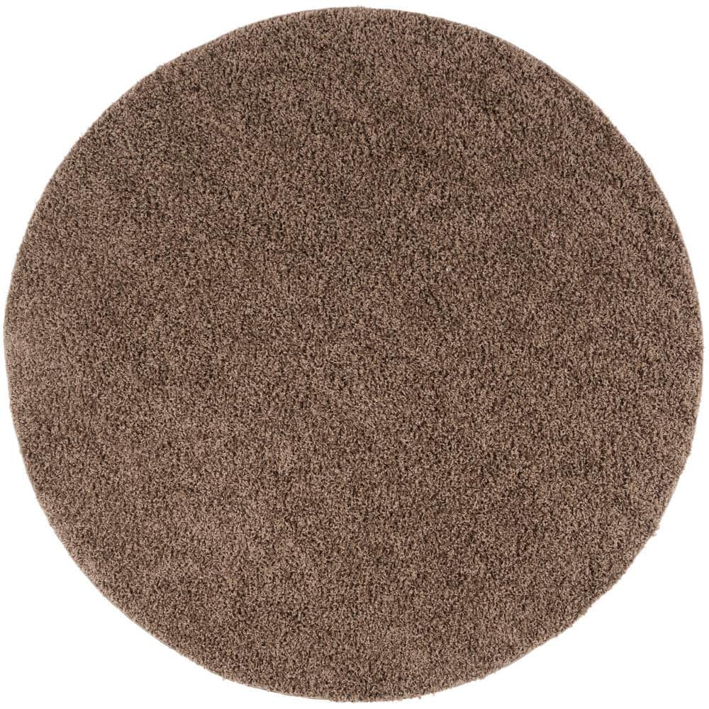 Taupe Round 6'7" Shag Area Rug with Cotton Blend