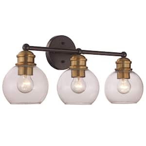 Polverini 23 in. 3-Light Black and Antique Gold Bathroom Vanity Light Fixture with Clear Glass Shades
