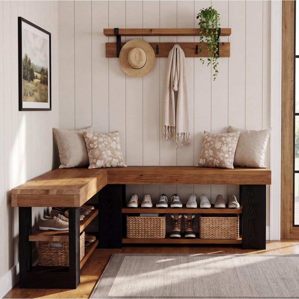 Rita 47.3 in. Brown & Black Solid Wood Entryway Bench with Storage, 3-Tier Corner Shoe Bench for Entryway