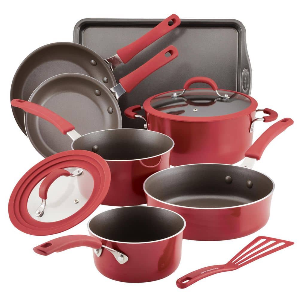 18 Piece Pots And Pans With Clear Lid Non Stick Kitchen Cookware Cooking Set  Red