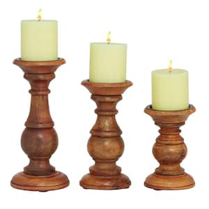 Brown Mango Wood Turned Style Pillar Candle Holder (Set of 3)