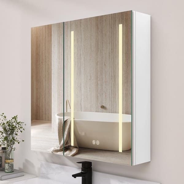 NTQ Vintz 30 in. W x 30 in. H Rectangular White Aluminum Surface Mount LED Bathroom Medicine Cabinet with Mirror
