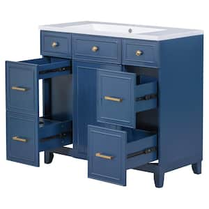 Ami 36" W Navy Blue Freestanding White Resin Top Bathroom Vanity Cabinet With 3 Drawers