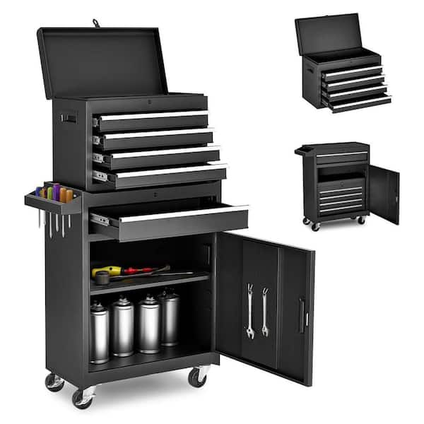 11 in. W 5-Drawer Black Rolling Storage Tool Carts with Detachable Top Tool Box, Liner, Wheels, Adjustable Shelf, Lock