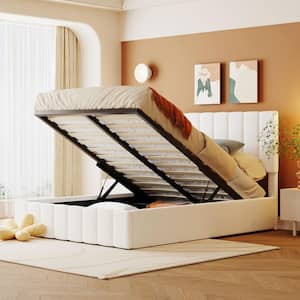 White Wood Frame Full Size Upholstered Platform Bed with a Hydraulic Storage System