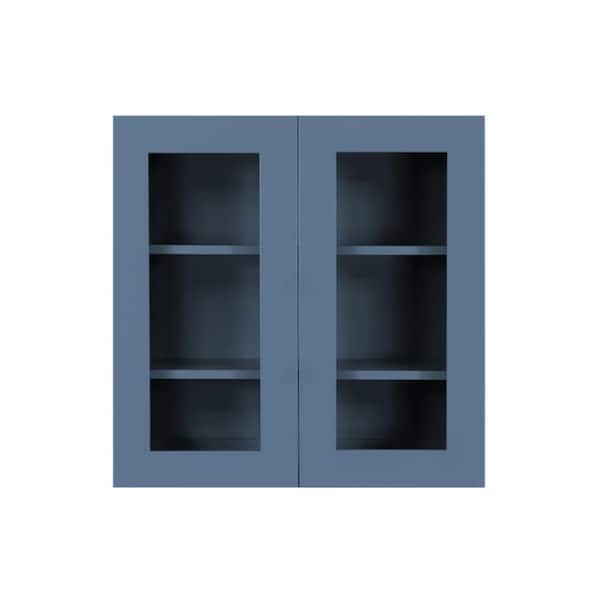 LIFEART CABINETRY Lancaster Blue Plywood Shaker Stock Assembled Wall Glass-Door Kitchen Cabinet 30 in. W x 12 in. D x 30 in. H