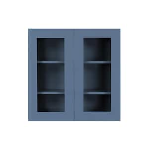 Lancaster Blue Plywood Shaker Stock Assembled Wall Glass-Door Kitchen Cabinet 33 in. W x 12 in. D x 36 in. H