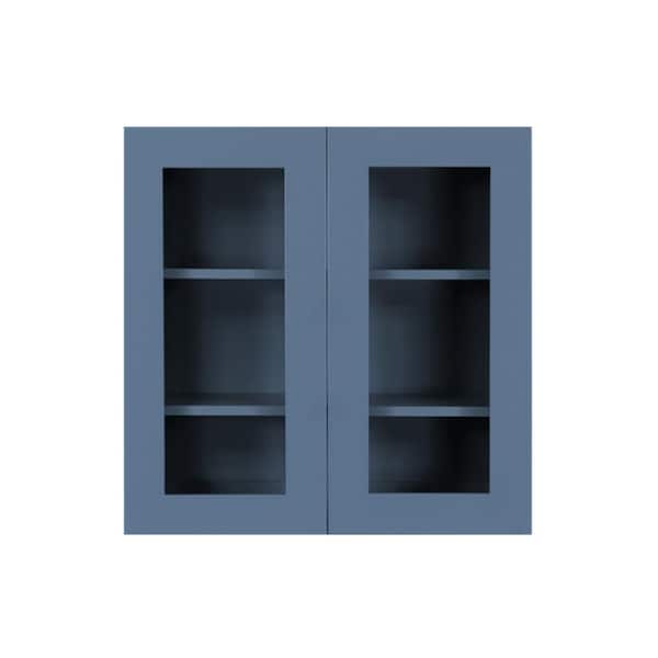 LIFEART CABINETRY Lancaster Blue Plywood Shaker Stock Assembled Wall Glass-Door Kitchen Cabinet 36 in. W x 12 in. D x 30 in. H