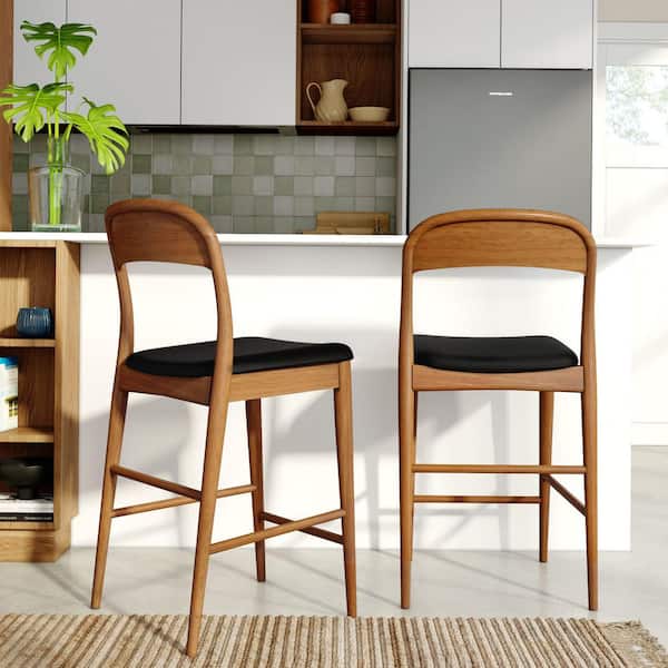 Loar 38 in. H Pecan/Black Curved Back Wood Counter Height Bar Stool with Upholstered Seat (Set of 2)