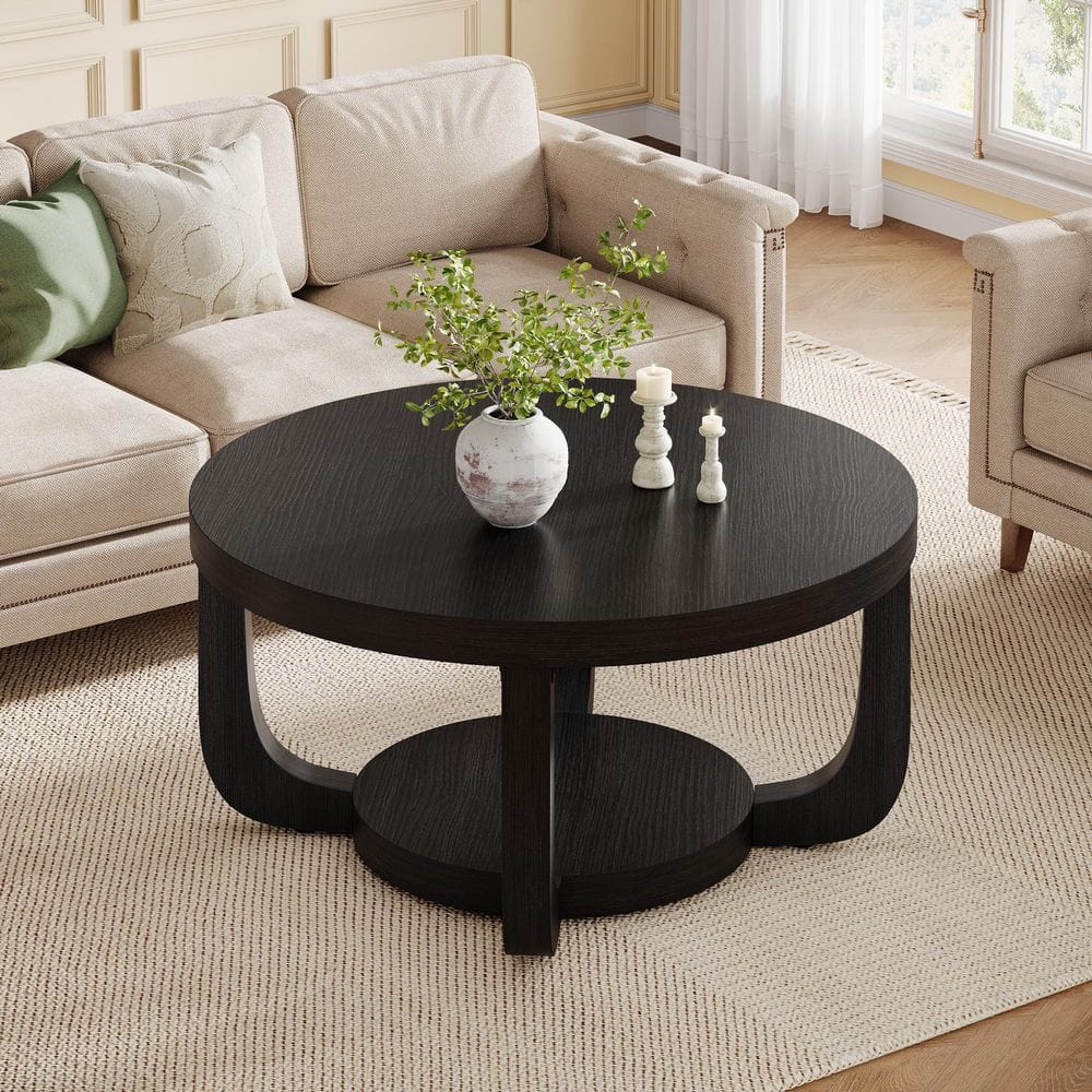 Allan 31.5 in. Black 2-Tier Round Wood Coffee Table Accent Center Table with Storage & Base for Living Room