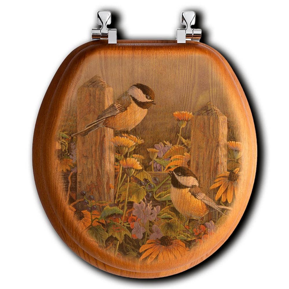 Linda's Chickadees Round Closed Front Wood Toilet Seat in Oak Brown TS
