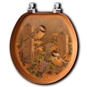 Linda's Chickadees Round Closed Front Wood Toilet Seat in Oak Brown