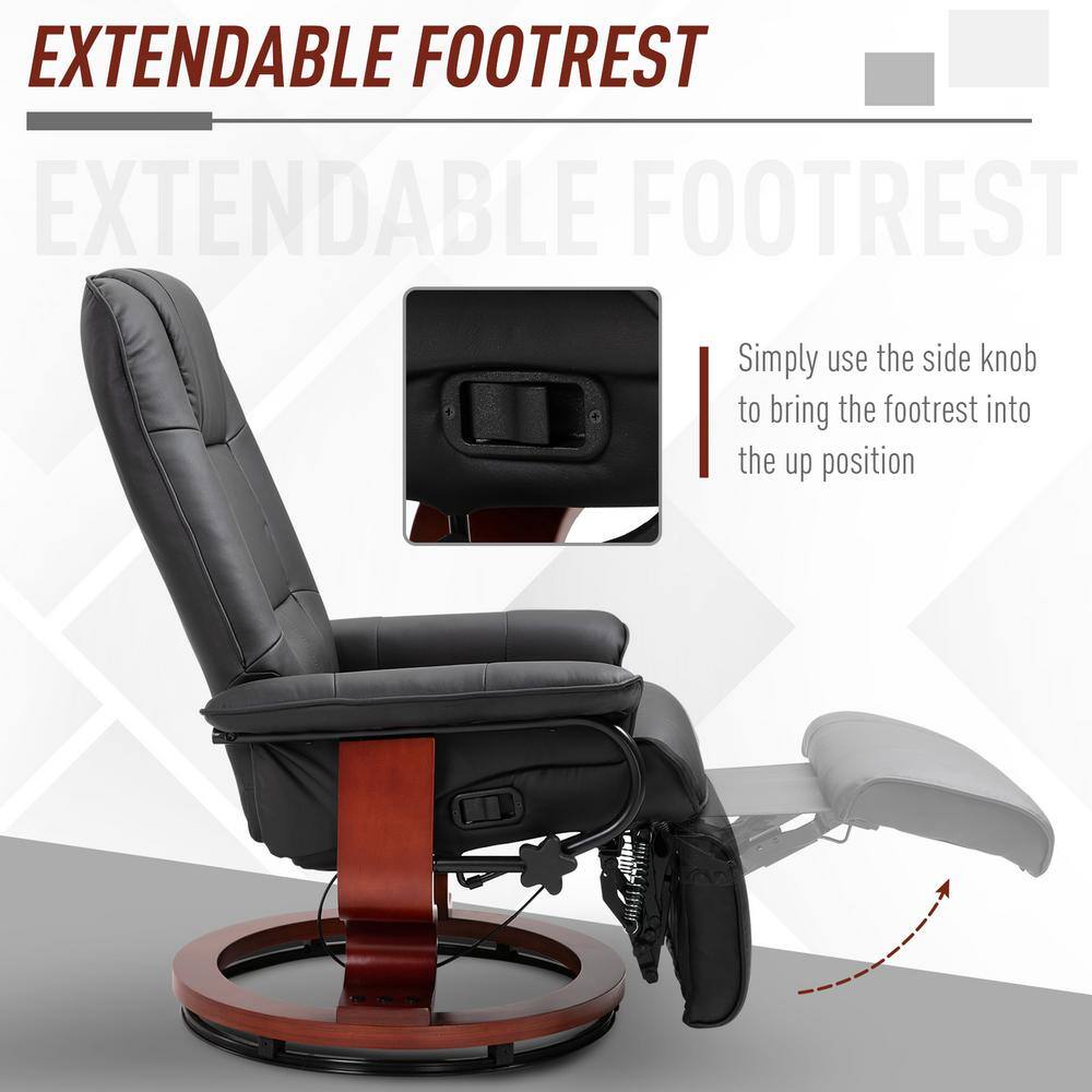 Black Faux Leather Swivel Recliner with Wood Base