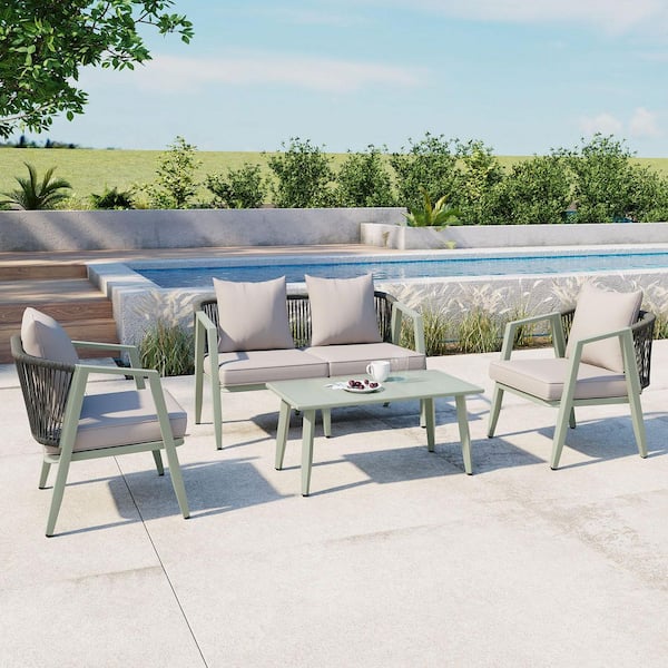 4-Piece Light Green Metal Patio Conversation Set with Light Gray Cushions and Coffee Table